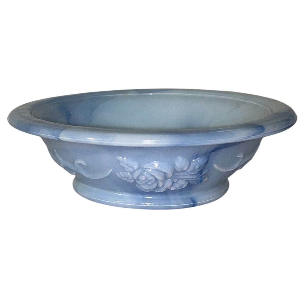 Vintage Avon Victoriana Soap Dish Trinket Bowl Blue And White Marbled Milk Glass